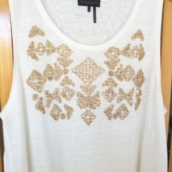 Donna Karan Size XL Linen Tank Top Beaded Ivory Sleeveless - Picture 3 of 7